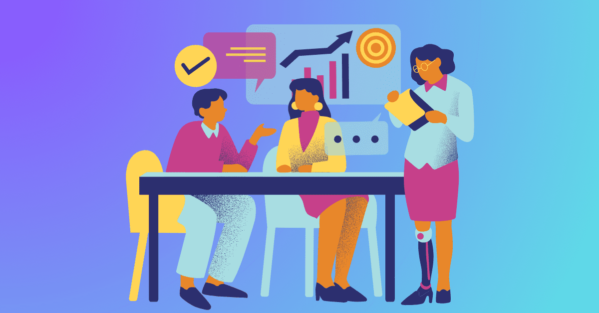 Illustrations of workers discussing how AI can support e-learning