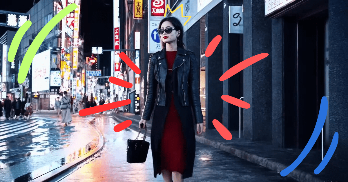 A woman wearing sunglasses, red dress and black leather jacket in a futuristic city