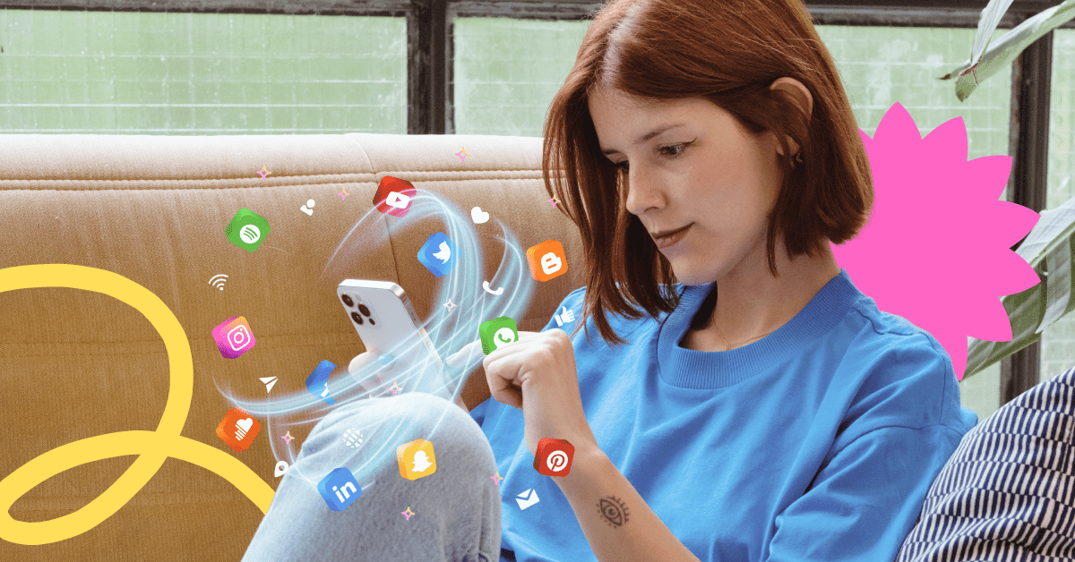 A woman with short brown hair wearing a blue t-shirt is using her mobile phone to repurpose videos.